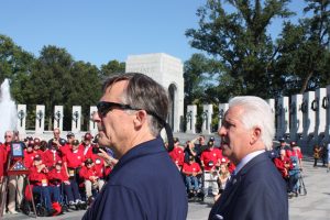 Al Perry with Congressman Jim Costa at the World War II Memorial as the veterans gather for a group photo.